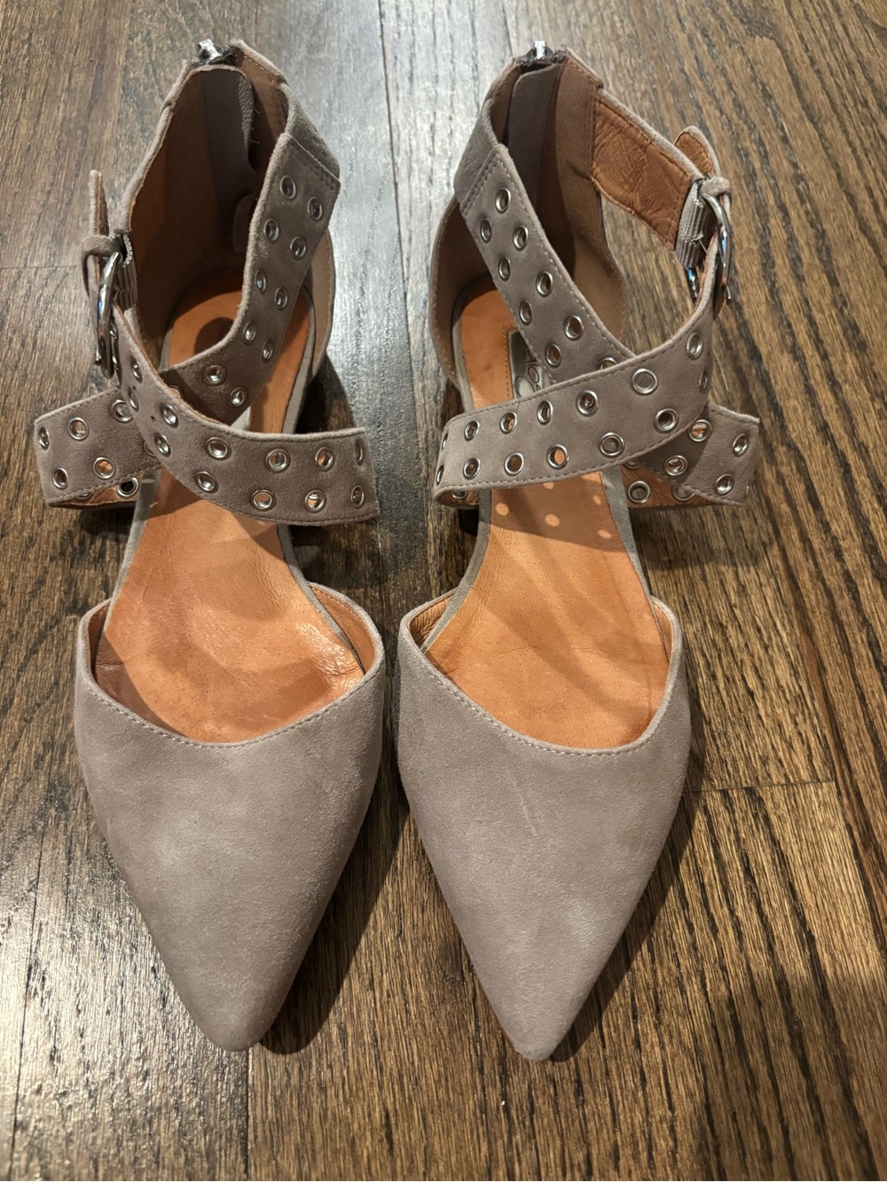 Women's Taupe Suede Pointed-Toe Ankle-Strap Flats